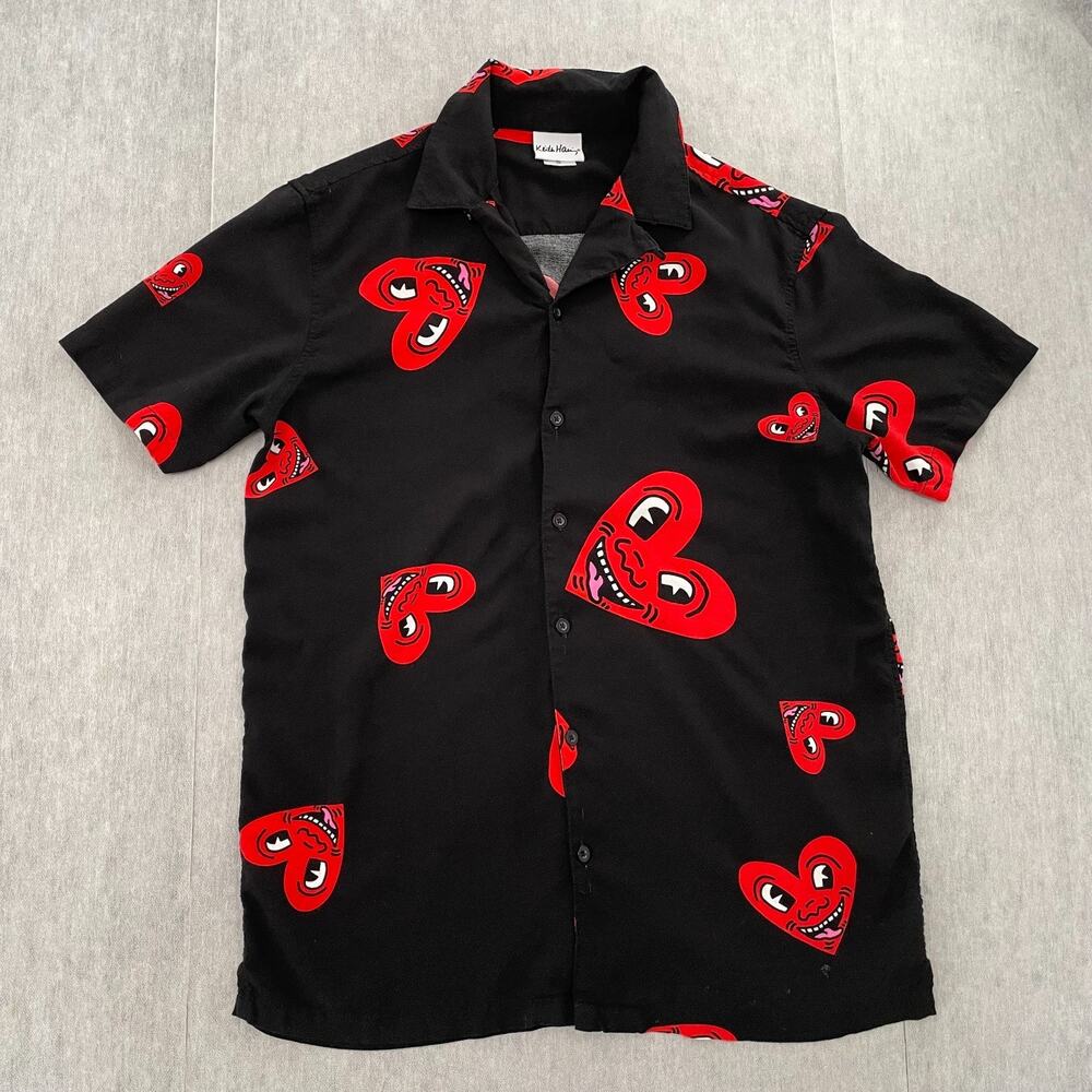 Keith Haring Shirt Adult Small Black Red Heart Face Print Button Up Rayon Mens S